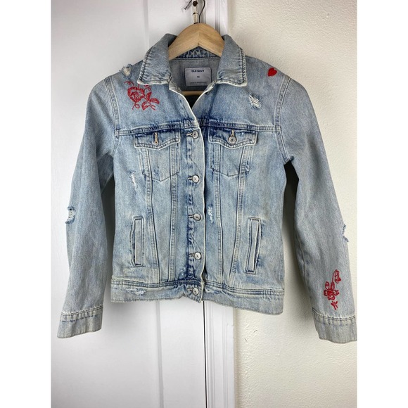 Old Navy Jackets & Blazers - Old Navy Women's Size XS Destructed Red Floral Embroidered Denim Trucker Jacket